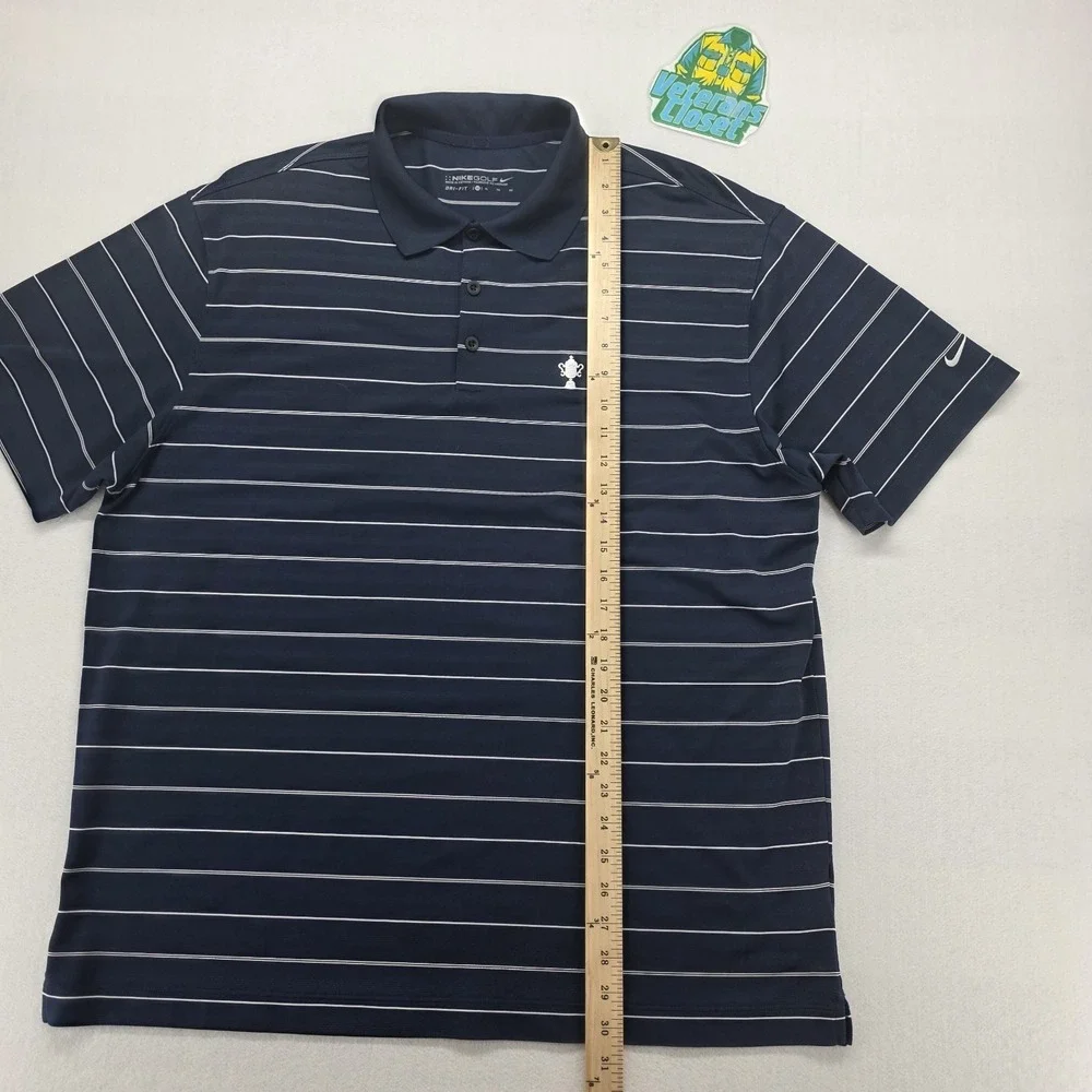Nike Golf Polo Shirt Mens XL Navy Blue Striped Dri-Fit US Open Logo Performance